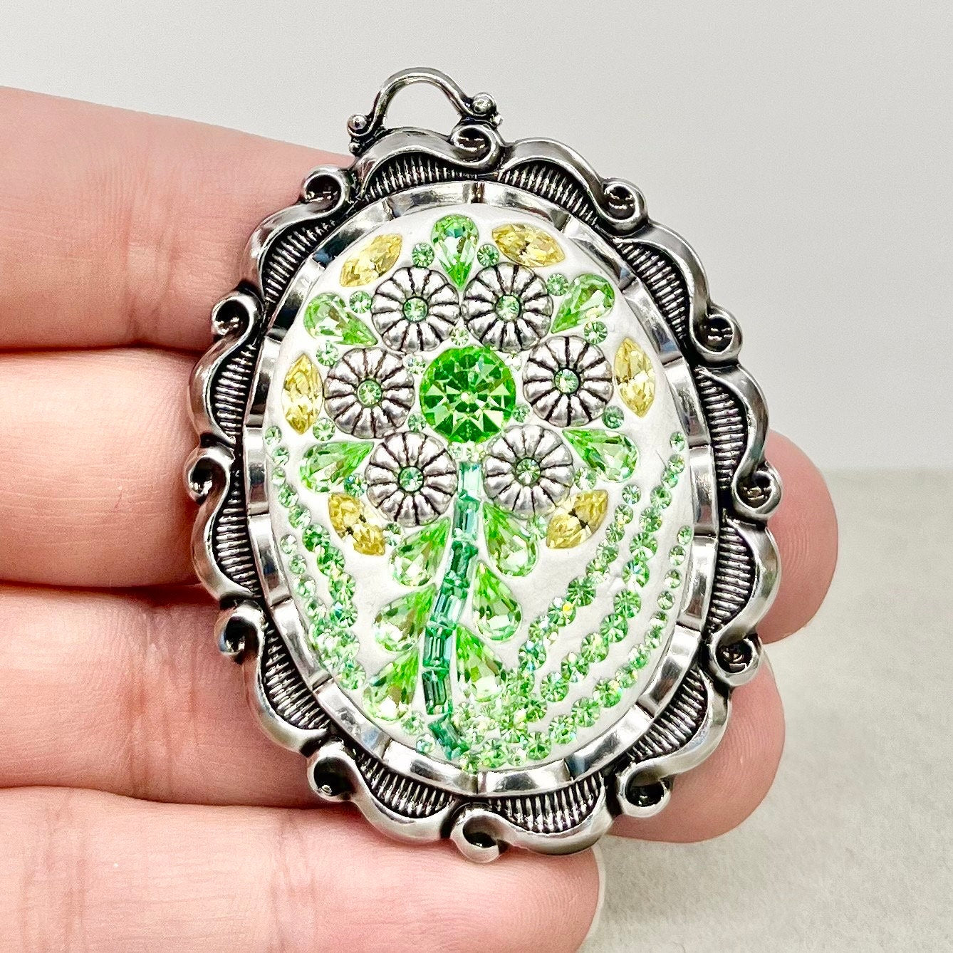 Green Uranium & Yellow Crystal Flower Pendant with Vintage Uranium Swarovski Crystal Elements in a Silver Tone Setting UV Reactive Glow TheGreenGlassGemShop