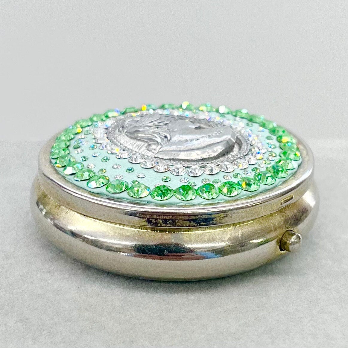 One of a Kind Cameo Pill Box with Vintage Green Uranium Swarovski Crystal Elements in a Silver Tone Setting UV Reactive Glow TheGreenGlassGemShop