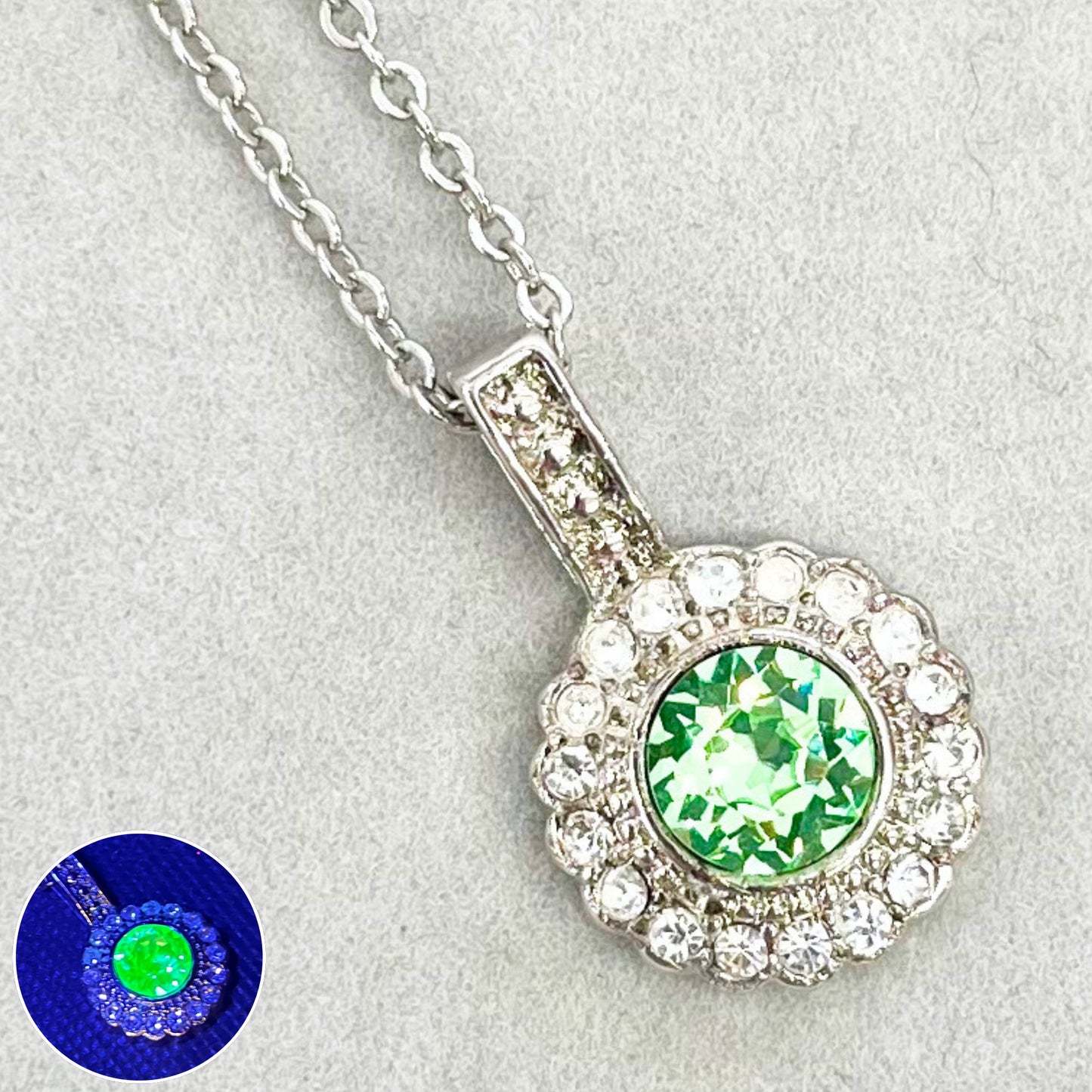 Vintage Round Green Crystal Pendant Necklace on an 15” Chain with 3” Extender Vintage Uranium Swarovski Crystal UV Reactive Glow TheGreenGlassGemShop