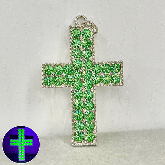 Statement Large Green Crystal Cross / Crucifix Pendant with Vintage Uranium Swarovski Crystal Elements UV Reactive Glow Gothic TheGreenGlassGemShop