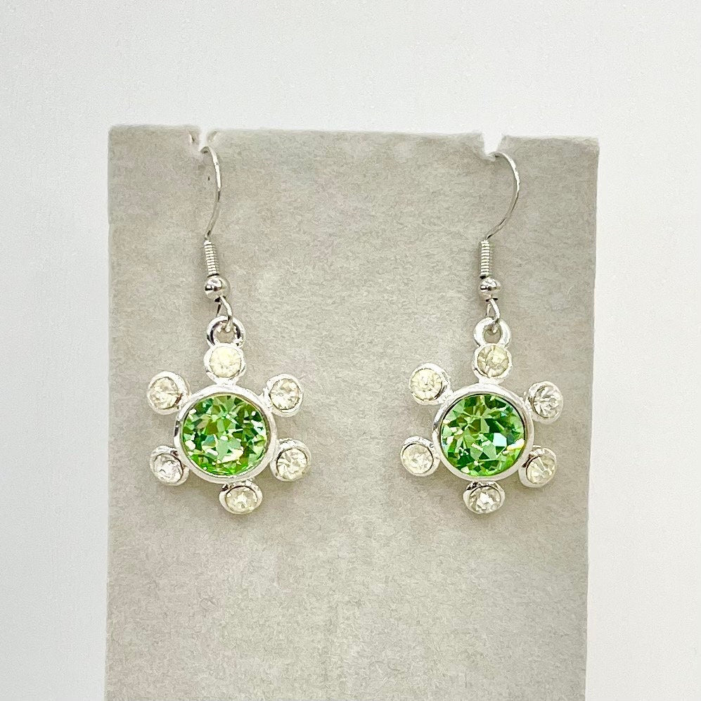 Vintage Green Uranium Glass Crystal Daisy Drop Earrings with Swarovski Crystal Elements UV Reactive Glow TheGreenGlassGemShop