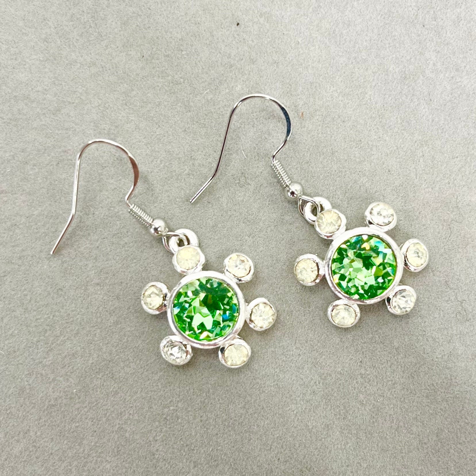 Vintage Green Uranium Glass Crystal Daisy Drop Earrings with Swarovski Crystal Elements UV Reactive Glow TheGreenGlassGemShop