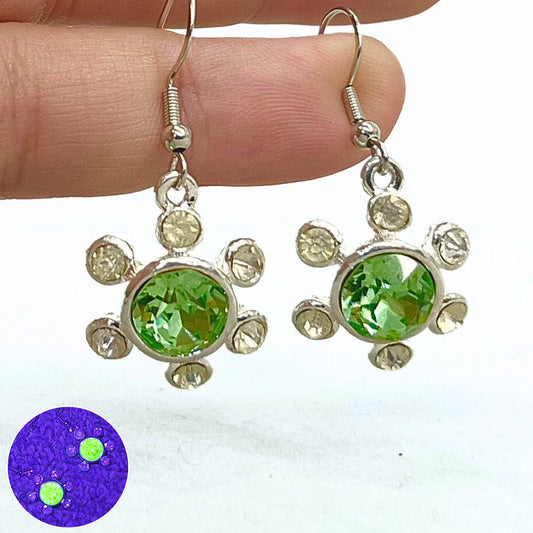 Vintage Green Uranium Glass Crystal Daisy Drop Earrings with Swarovski Crystal Elements UV Reactive Glow TheGreenGlassGemShop