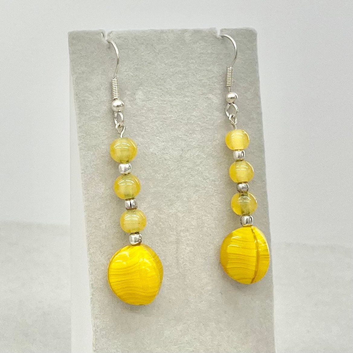 Uranium Yellow Glass & Cadmium Bead Drop Earrings Silver Plate with a UV Reactive Glow TheGreenGlassGemShop