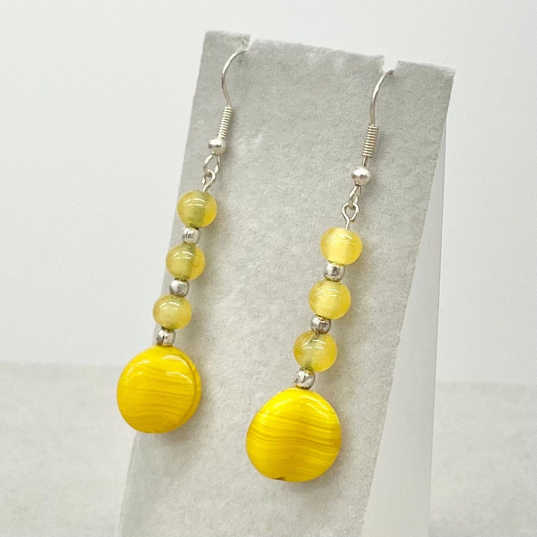 Uranium Yellow Glass & Cadmium Bead Drop Earrings Silver Plate with a UV Reactive Glow TheGreenGlassGemShop