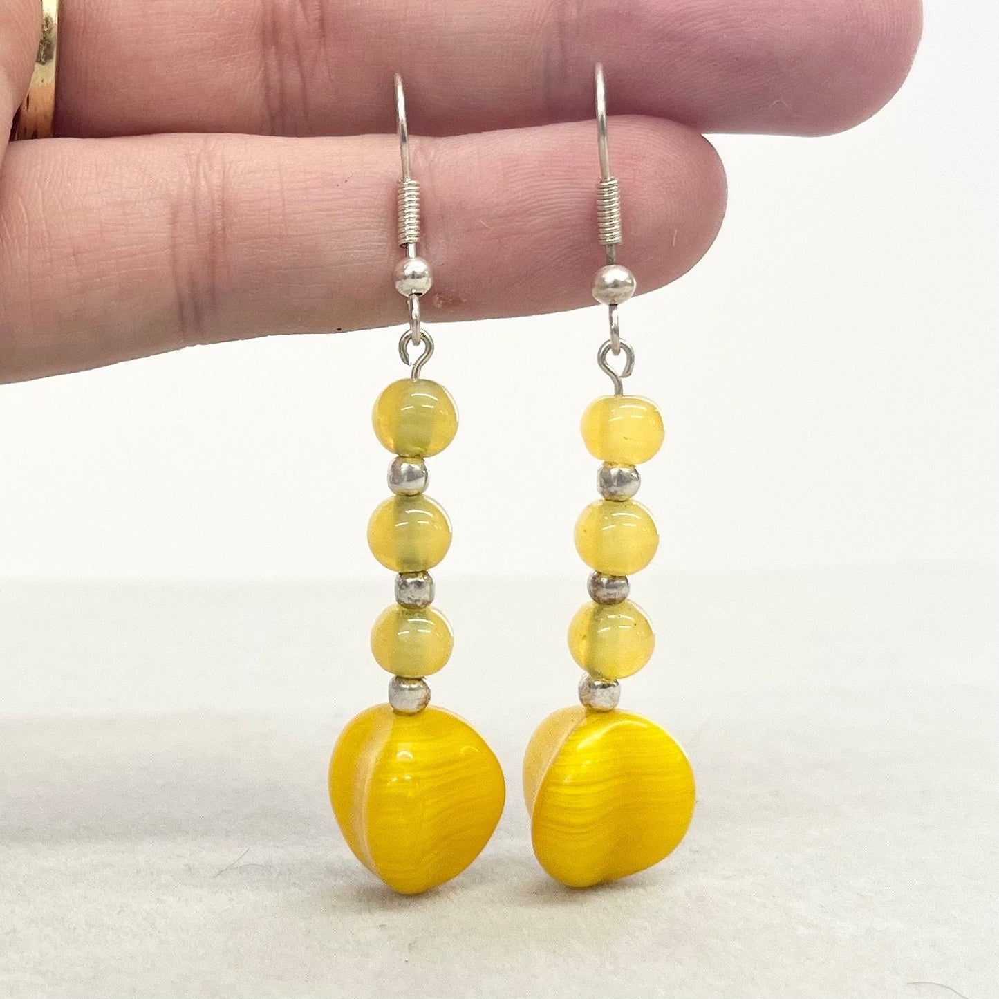 Uranium Yellow Glass & Cadmium Bead Drop Earrings Silver Plate with a UV Reactive Glow TheGreenGlassGemShop