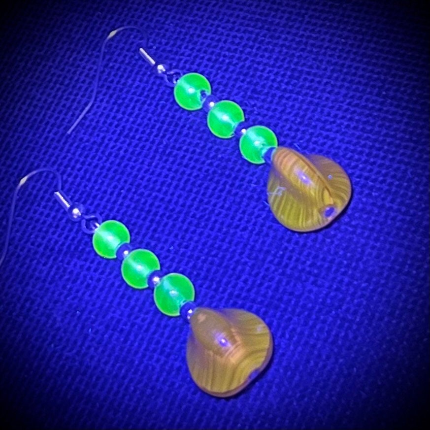 Uranium Yellow Glass & Cadmium Bead Drop Earrings Silver Plate with a UV Reactive Glow TheGreenGlassGemShop