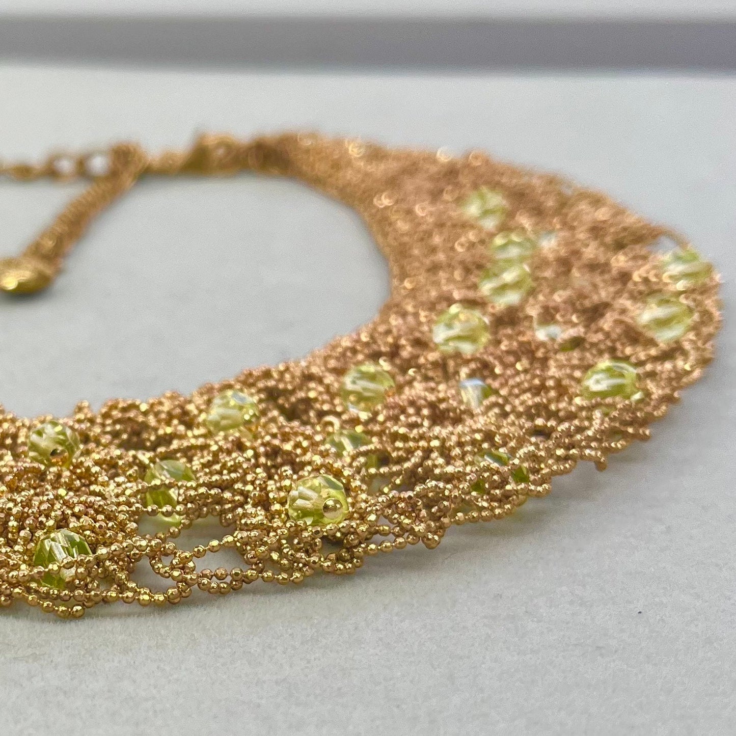 Uranium Glass Crystal Adorned Necklace Gold Tone Crocheted Collar Cleopatra Necklace Statement Jewellery TheGreenGlassGemShop