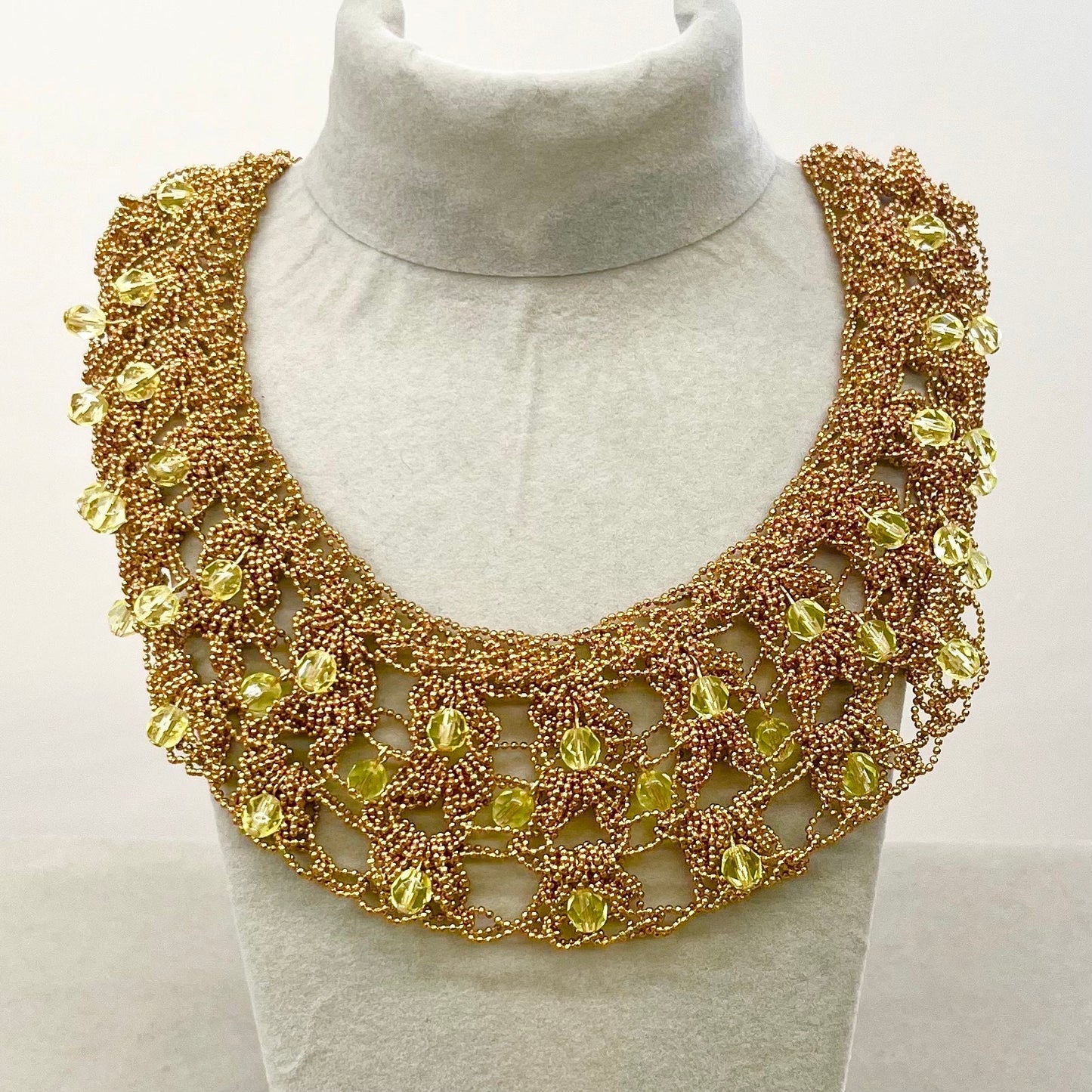 Uranium Glass Crystal Adorned Necklace Gold Tone Crocheted Collar Cleopatra Necklace Statement Jewellery TheGreenGlassGemShop