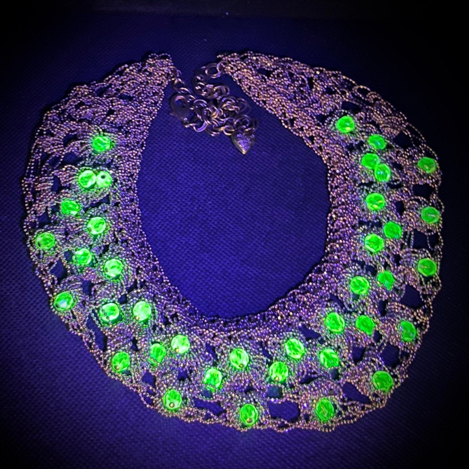 Uranium Glass Crystal Adorned Necklace Gold Tone Crocheted Collar Cleopatra Necklace Statement Jewellery TheGreenGlassGemShop