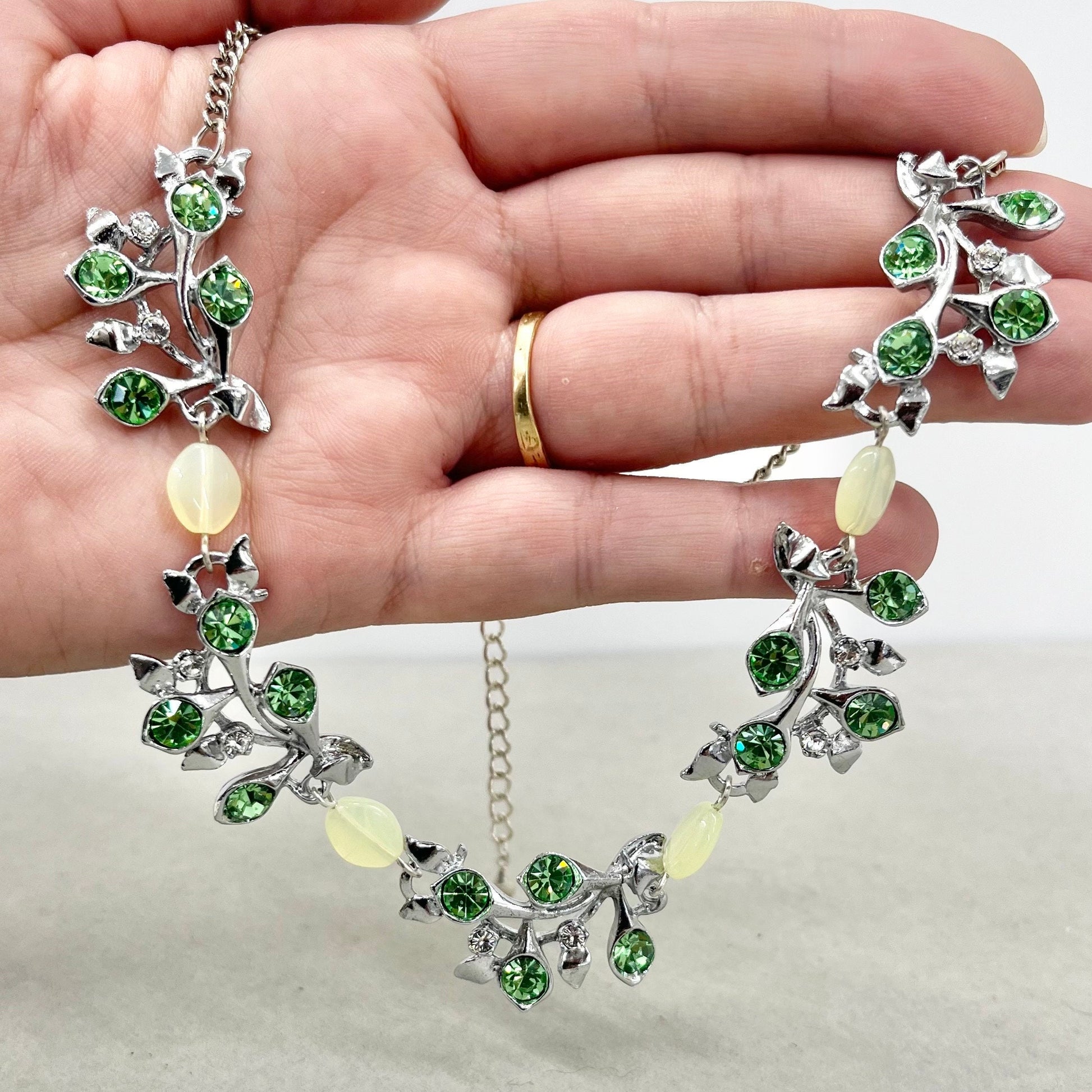 Vintage Sparkling Green Uranium Crystal Necklace Calla Lily Floral Design in a Silvef Plated Setting UV Reactive Glowing Jewellery TheGreenGlassGemShop