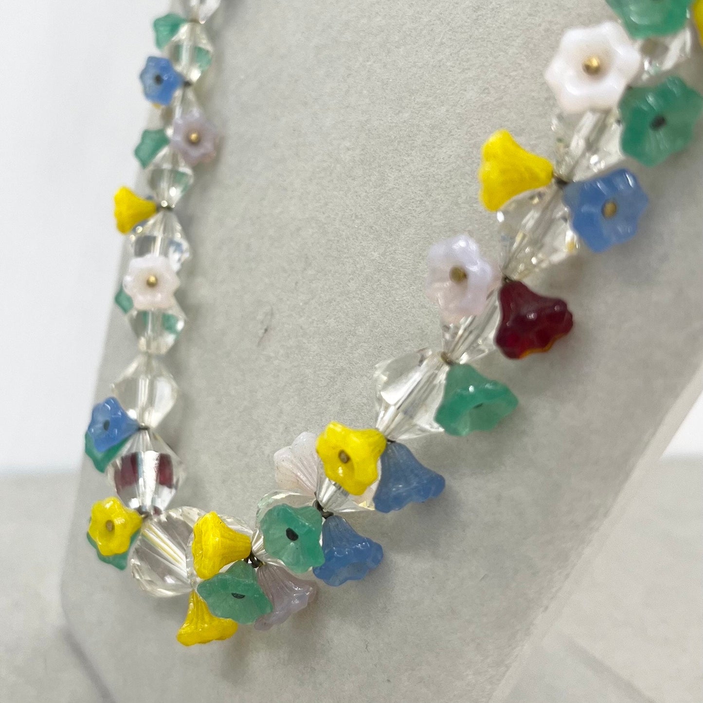 Vintage Art Deco Multi Coloured Flower Cluster Glass Bead Necklace with Uranium & Cadmium UV Reactive Glow Jewellery 17.5” TheGreenGlassGemShop