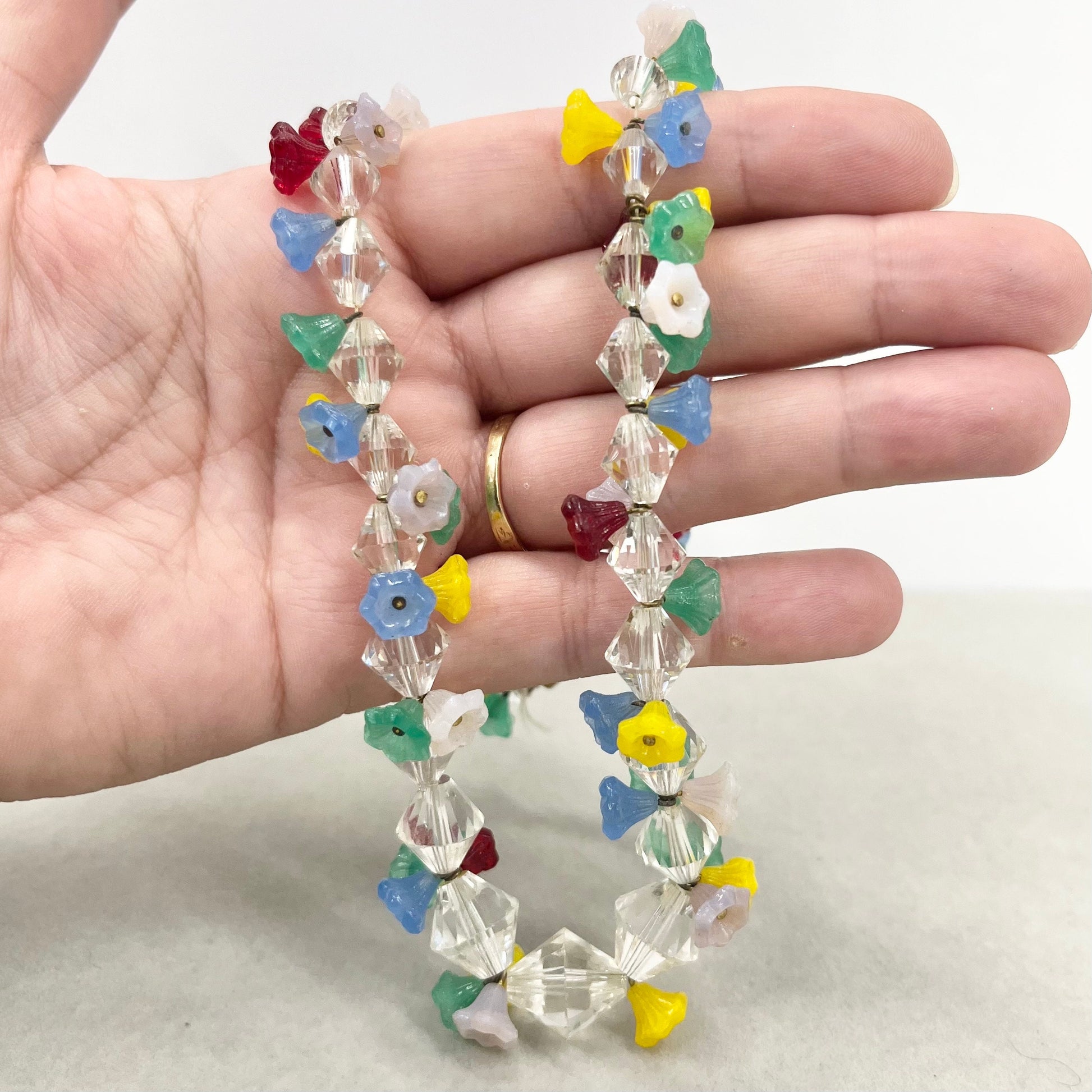 Vintage Art Deco Multi Coloured Flower Cluster Glass Bead Necklace with Uranium & Cadmium UV Reactive Glow Jewellery 17.5” TheGreenGlassGemShop