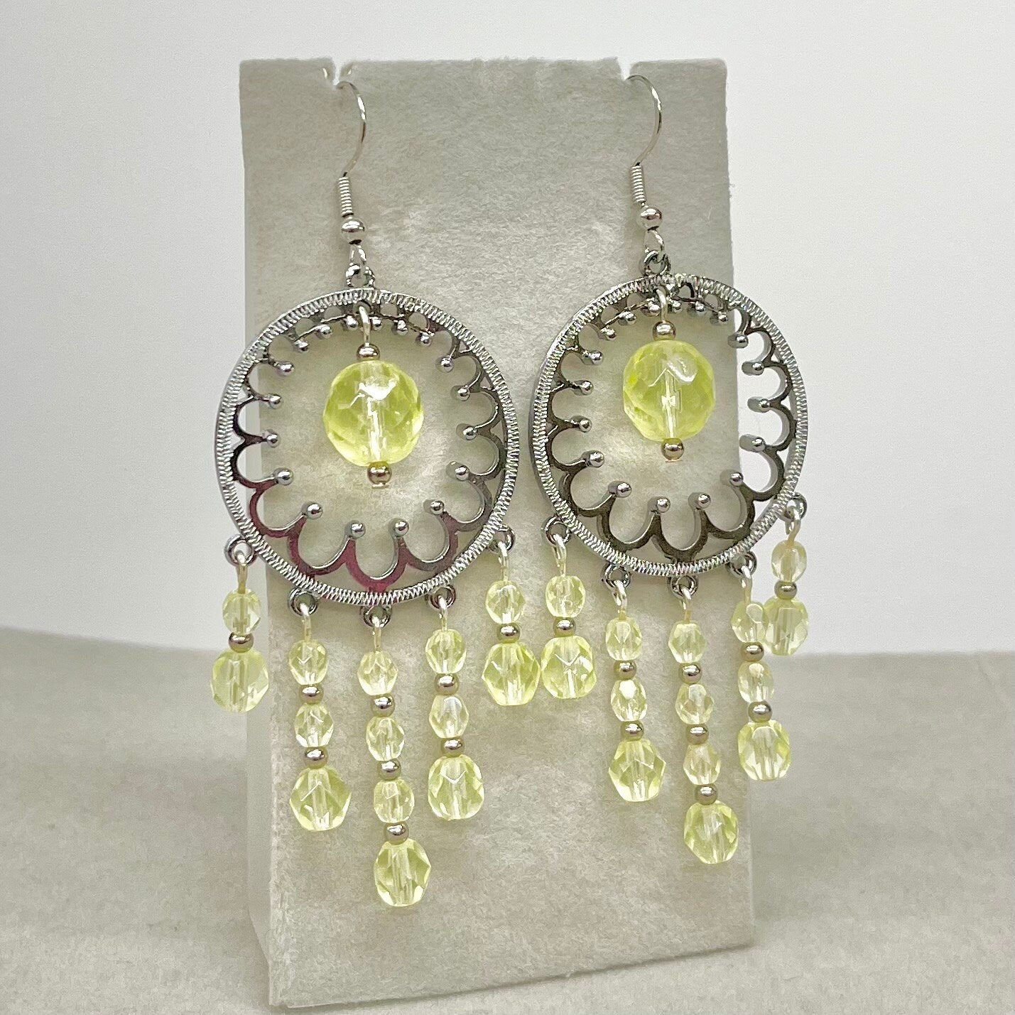 Statement Yellow Uranium Glass Bead Drop Earrings Circular Chandelier Style UV Reactive Glow with Czech Firepolished Crystal Beads TheGreenGlassGemShop