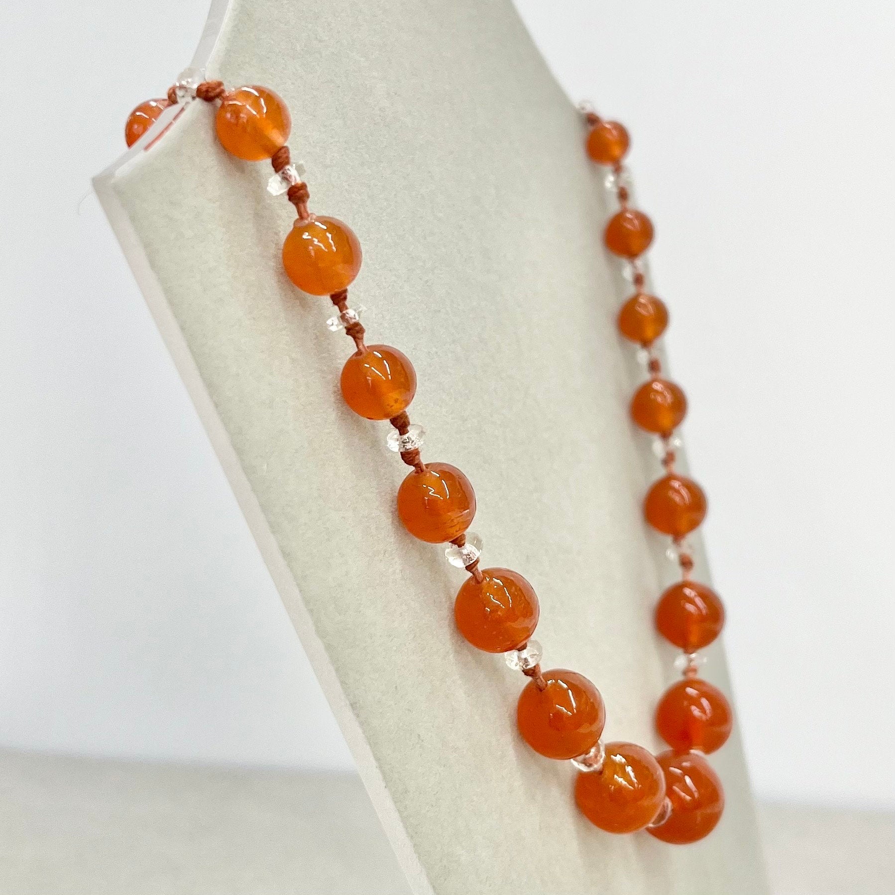 Vintage Carnelian Glass Uranium Graduated Bead Necklace Orange & Clear Beads Hand Knotted Bright Green / Yellow UV Reactive Glow 18” TheGreenGlassGemShop