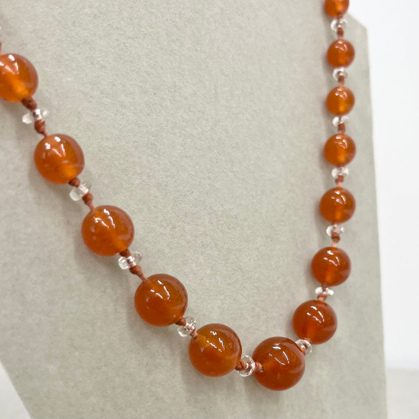 Vintage Carnelian Glass Uranium Graduated Bead Necklace Orange & Clear Beads Hand Knotted Bright Green / Yellow UV Reactive Glow 18” TheGreenGlassGemShop