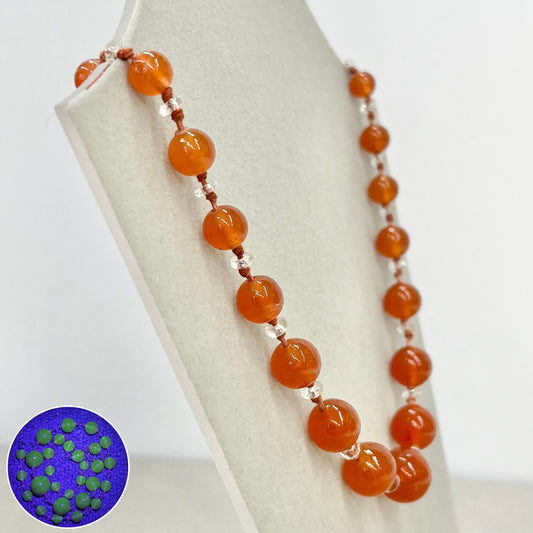 Vintage Carnelian Glass Uranium Graduated Bead Necklace Orange & Clear Beads Hand Knotted Bright Green / Yellow UV Reactive Glow 18” TheGreenGlassGemShop