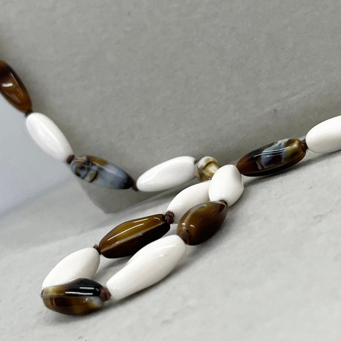 Vintage White Uranium & Brown Glass Bead Hand Knotted Necklace UV Reactive Glow Jewellery 30” Unusual Quality Beads TheGreenGlassGemShop