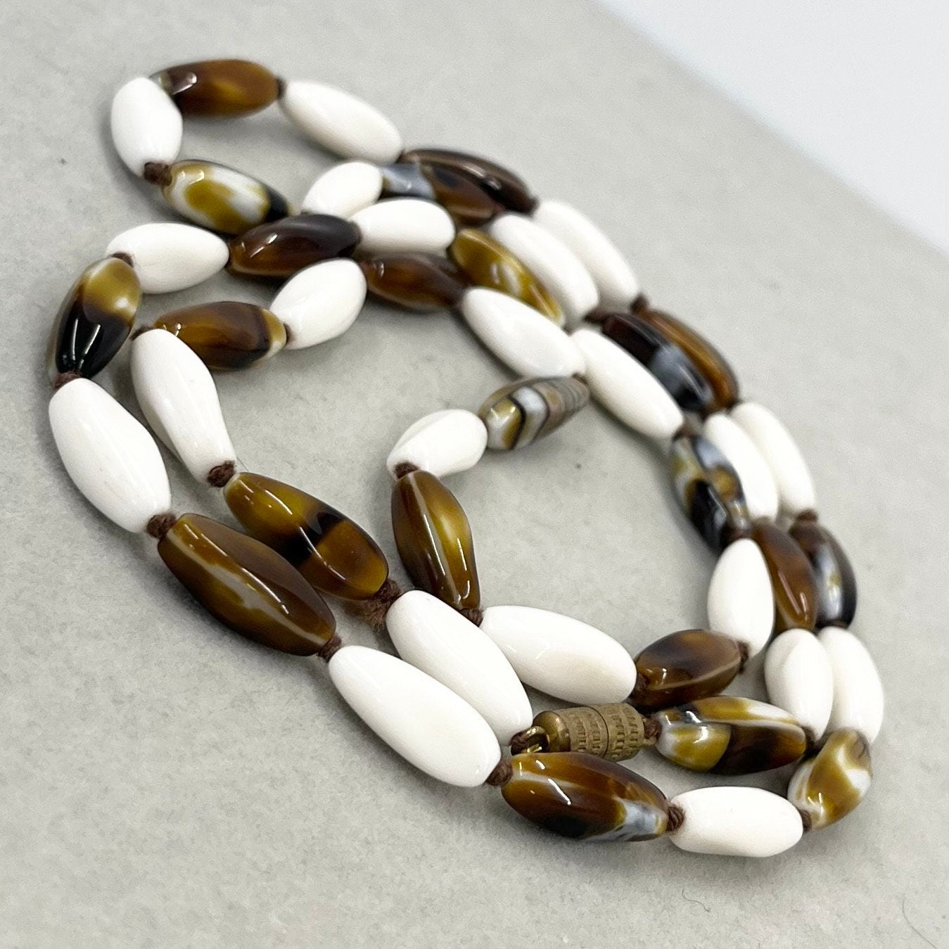 Vintage White Uranium & Brown Glass Bead Hand Knotted Necklace UV Reactive Glow Jewellery 30” Unusual Quality Beads TheGreenGlassGemShop