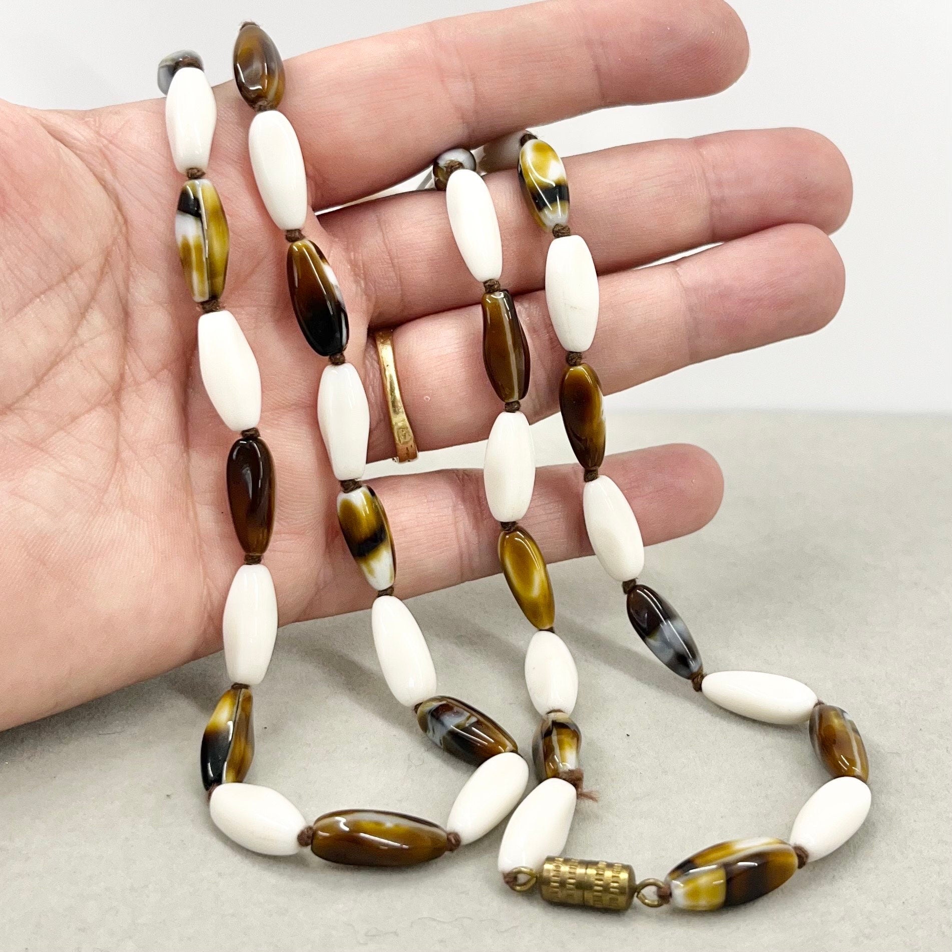 Vintage White Uranium & Brown Glass Bead Hand Knotted Necklace UV Reactive Glow Jewellery 30” Unusual Quality Beads TheGreenGlassGemShop