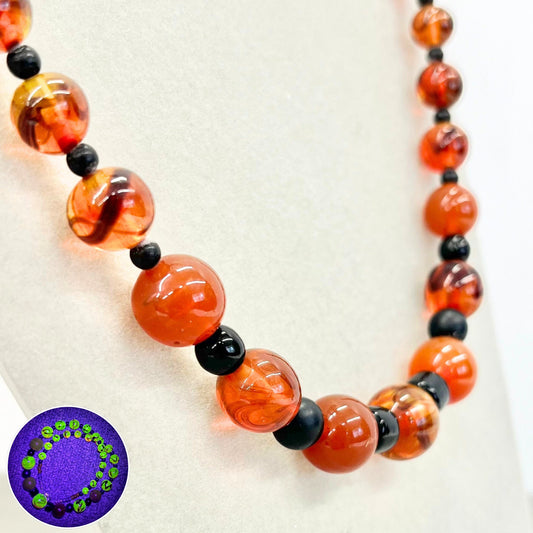 Vintage Carnelian Swirl Glass Uranium Graduated Bead Necklace Orange & Black Beads Bright Green / Yellow UV Reactive Glow 18” TheGreenGlassGemShop