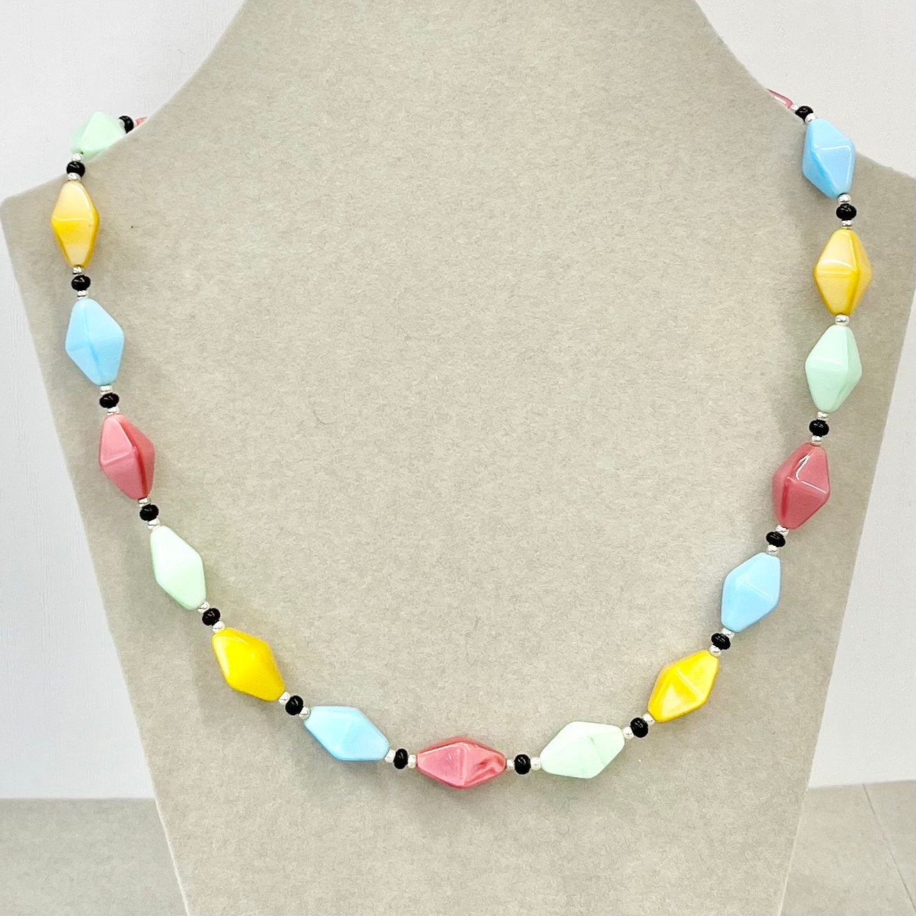 Vintage Multi Coloured Glass Bicone Bead Necklace Blue Pink Green Yellow with a Cadmium and Manganese UV Reactive Glow Jewellery 18” TheGreenGlassGemShop