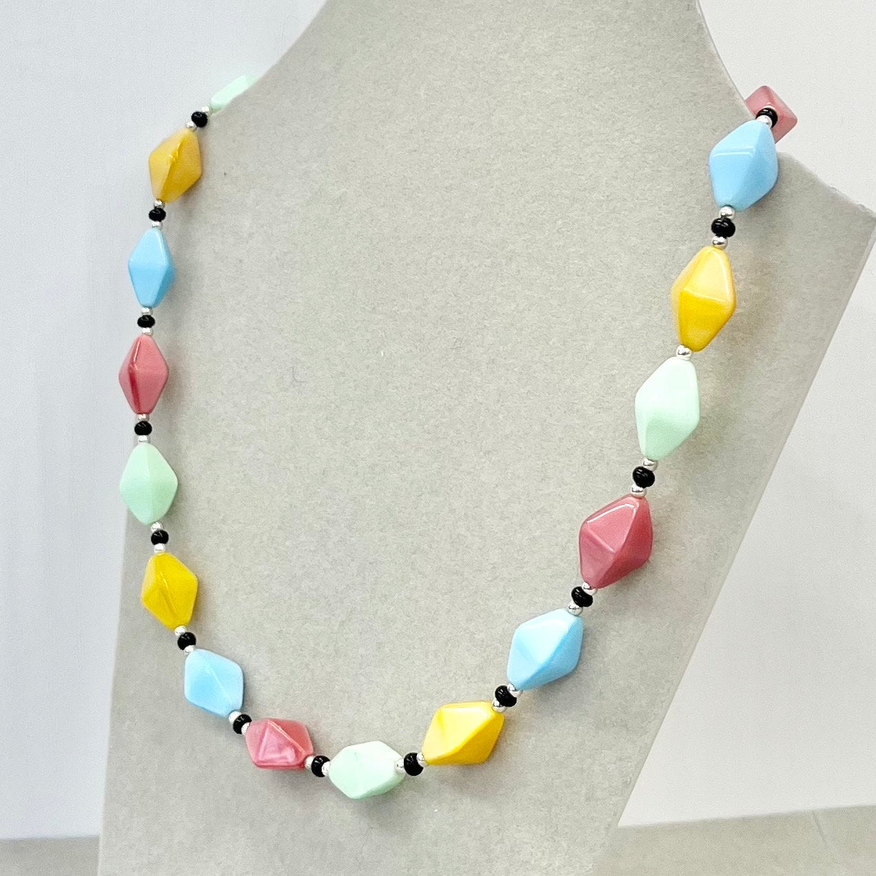 Vintage Multi Coloured Glass Bicone Bead Necklace Blue Pink Green Yellow with a Cadmium and Manganese UV Reactive Glow Jewellery 18” TheGreenGlassGemShop