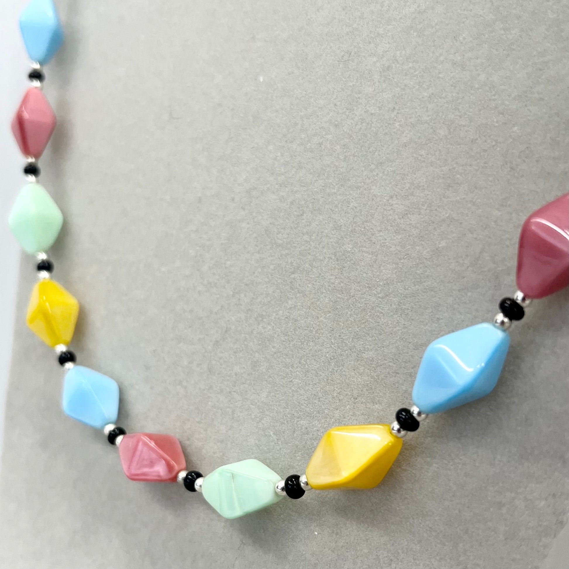 Vintage Multi Coloured Glass Bicone Bead Necklace Blue Pink Green Yellow with a Cadmium and Manganese UV Reactive Glow Jewellery 18” TheGreenGlassGemShop