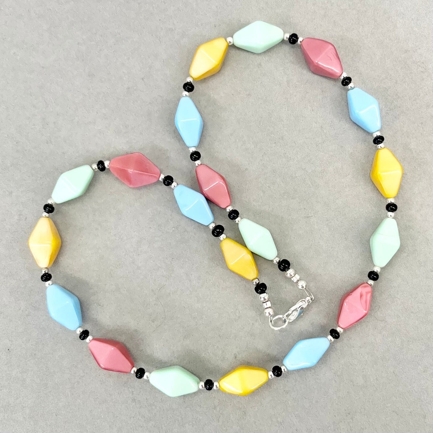 Vintage Multi Coloured Glass Bicone Bead Necklace Blue Pink Green Yellow with a Cadmium and Manganese UV Reactive Glow Jewellery 18” TheGreenGlassGemShop