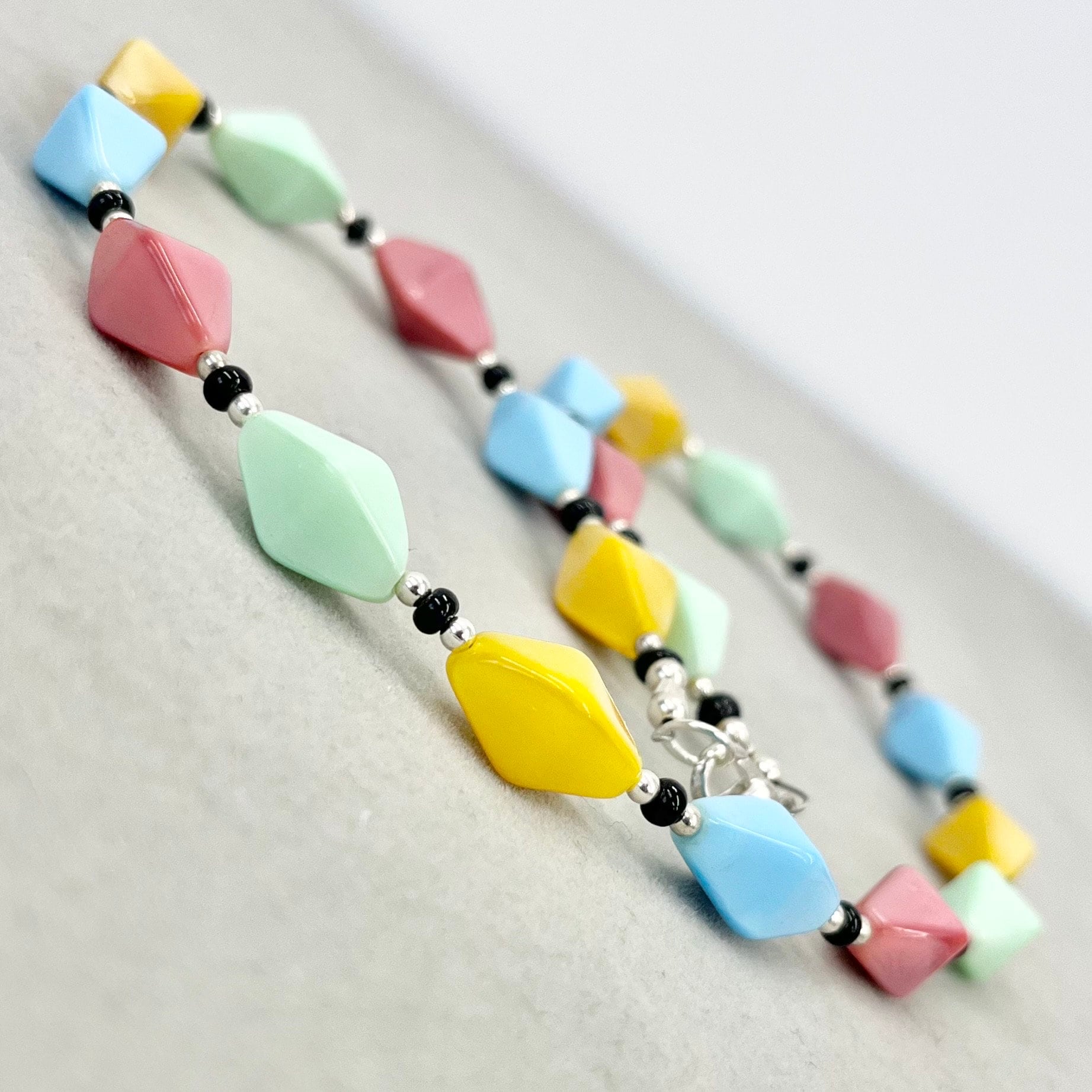 Vintage Multi Coloured Glass Bicone Bead Necklace Blue Pink Green Yellow with a Cadmium and Manganese UV Reactive Glow Jewellery 18” TheGreenGlassGemShop