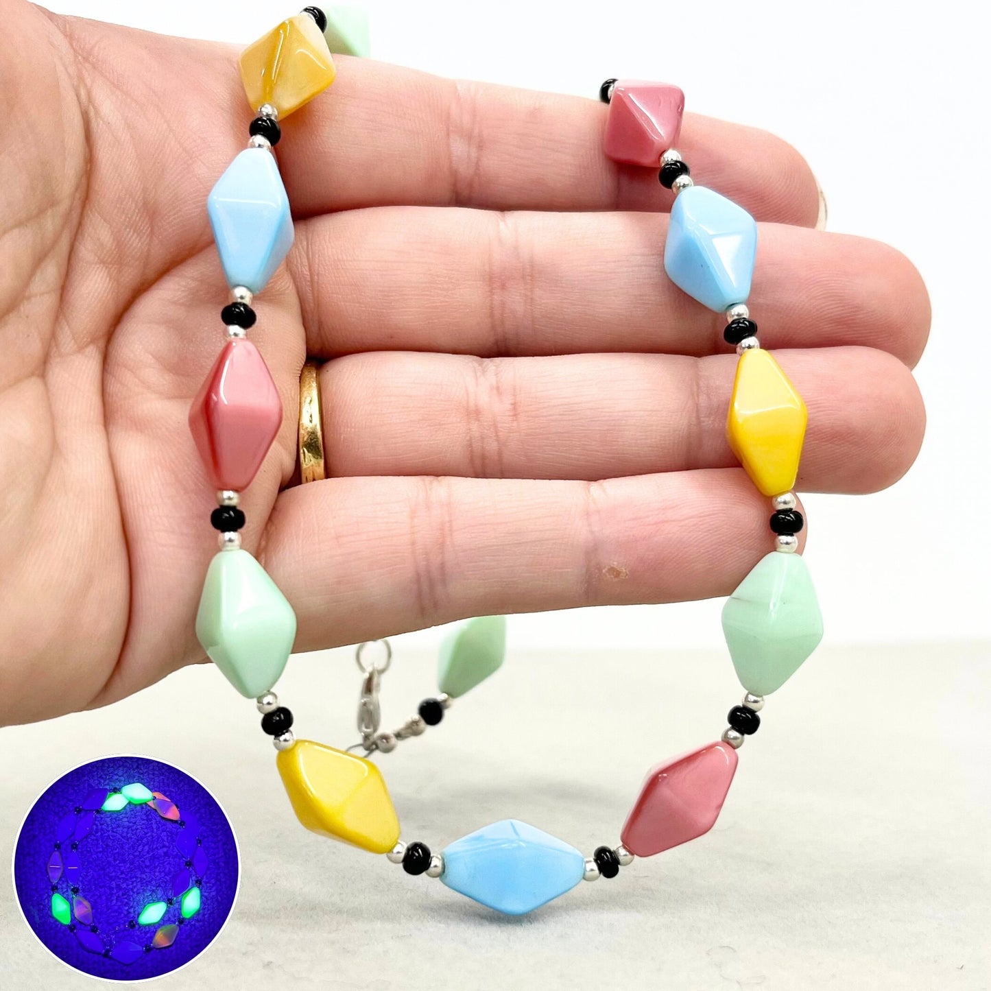 Vintage Multi Coloured Glass Bicone Bead Necklace Blue Pink Green Yellow with a Cadmium and Manganese UV Reactive Glow Jewellery 18” TheGreenGlassGemShop