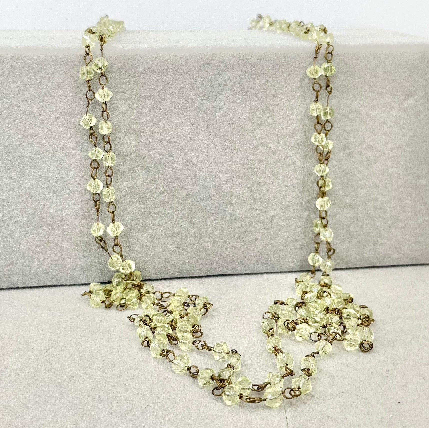 Vintage 76” Long Uranium Glass Bead Necklace Dainty Flapper Beaded Chain Link UV Reactive Glow Jewellery TheGreenGlassGemShop