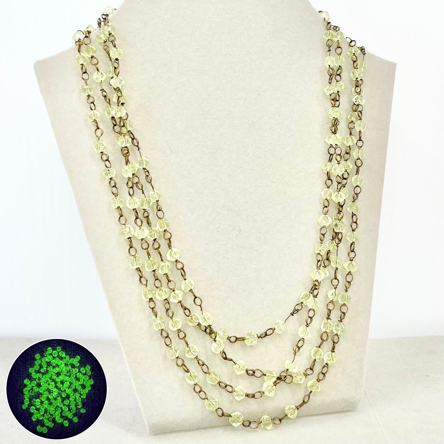 Vintage 76” Long Uranium Glass Bead Necklace Dainty Flapper Beaded Chain Link UV Reactive Glow Jewellery TheGreenGlassGemShop