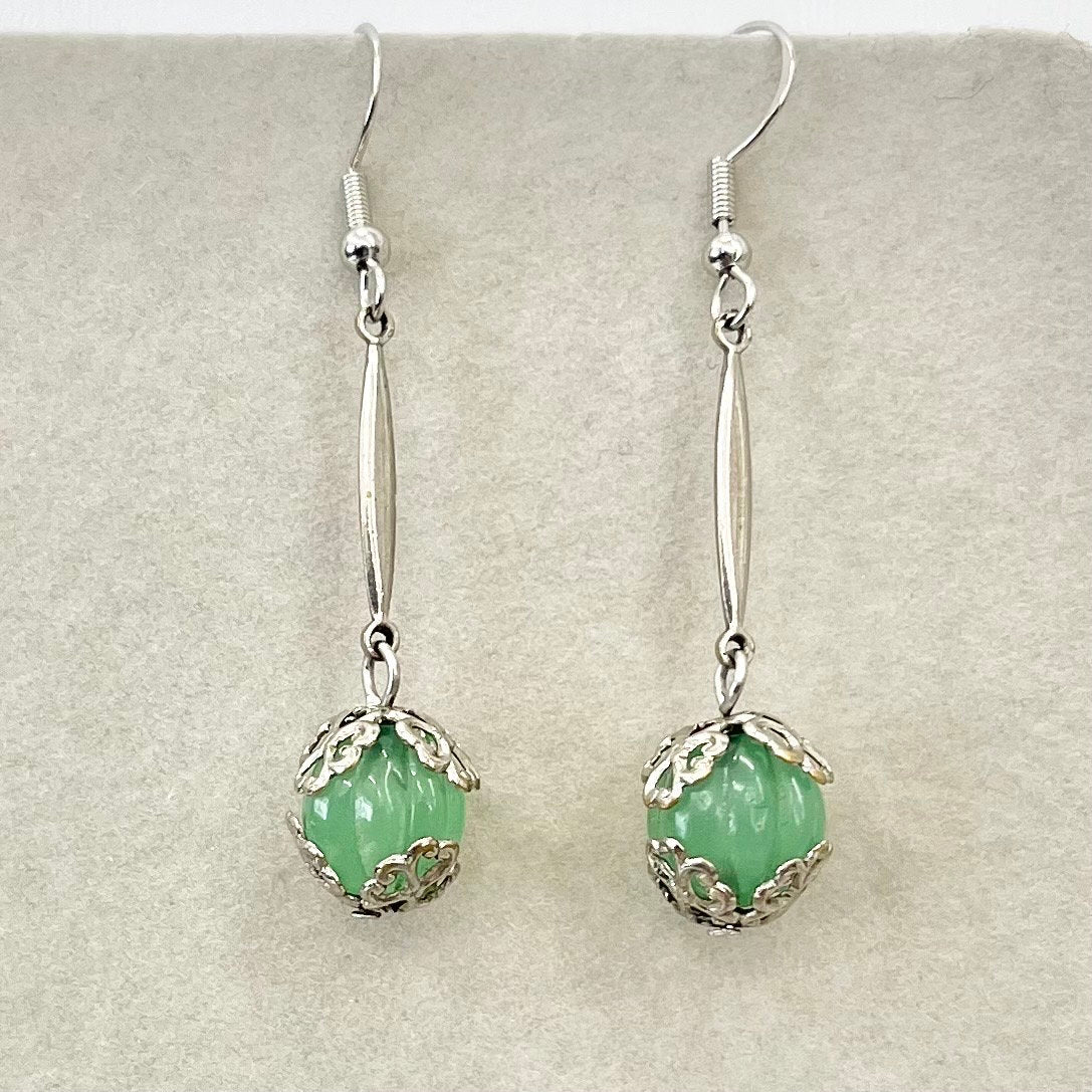 Vintage Art Deco Green Uranium Melon Glass Bead Earrings Silver Plate Links UV Reactive Glow Jewellery TheGreenGlassGemShop