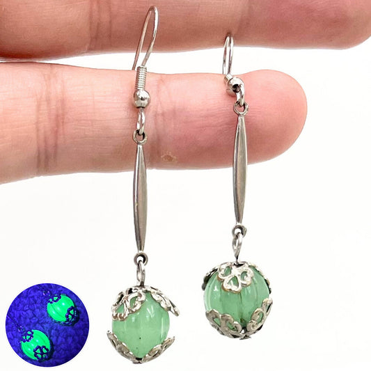 Vintage Art Deco Green Uranium Melon Glass Bead Earrings Silver Plate Links UV Reactive Glow Jewellery TheGreenGlassGemShop