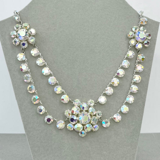 Vintage 1950’s - 1960’s Aurora Borealis Crystal Necklace Two Strand Three Flower Swag Design Super Sparkling TheGreenGlassGemShop