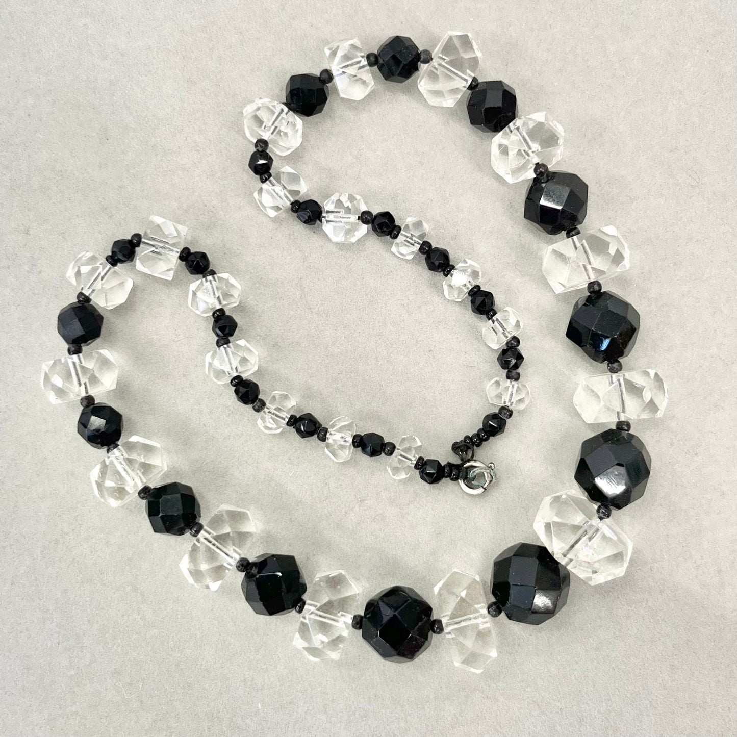 Art Deco 1930’s Long Clear Glass Rondelle Bead Necklace with Alternating Black Bead La Chunky Vintage Jewellery TheGreenGlassGemShop