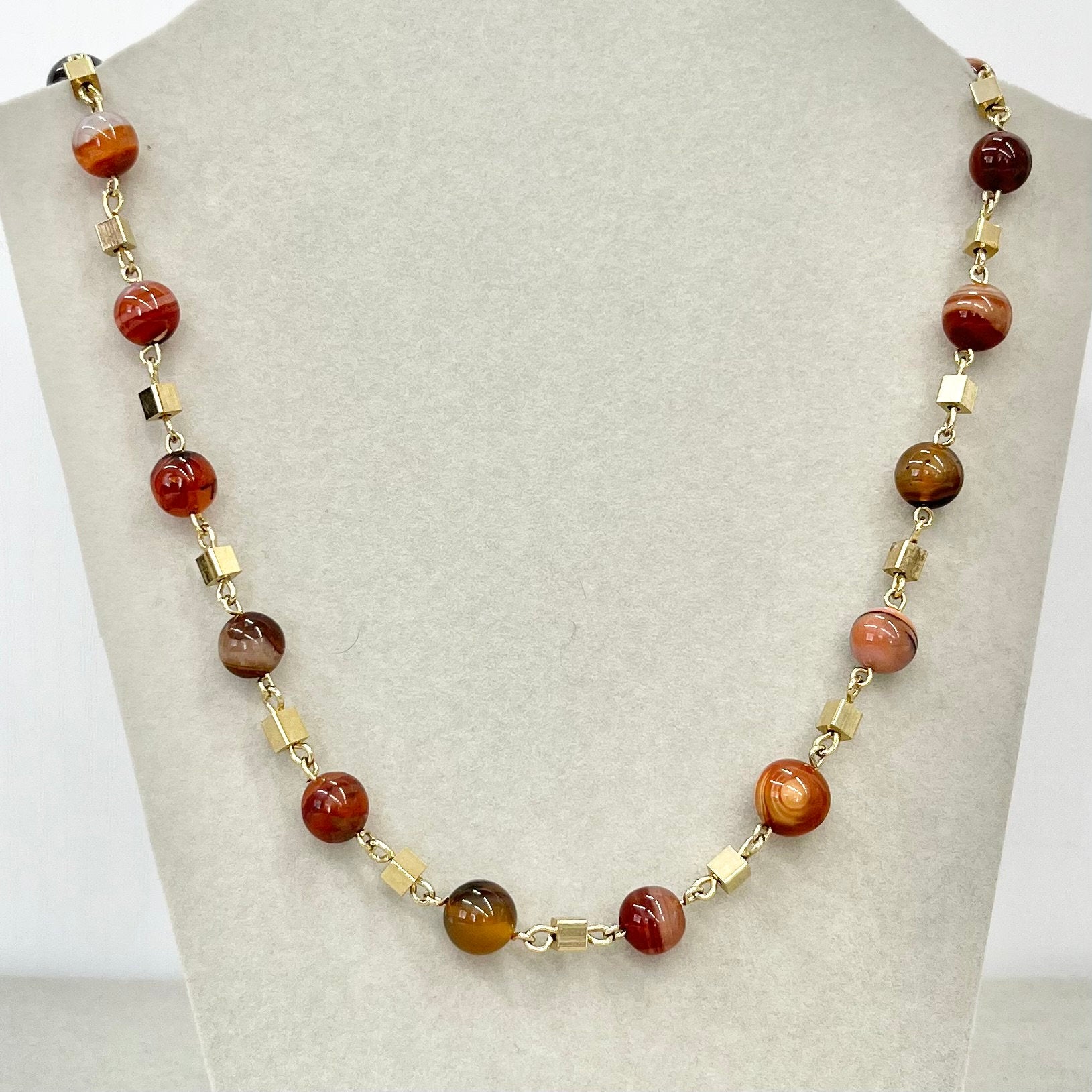 Vintage Long Orange Stripe Agate Necklace with Cube Beads Vintage Jewellery 24” Long TheGreenGlassGemShop