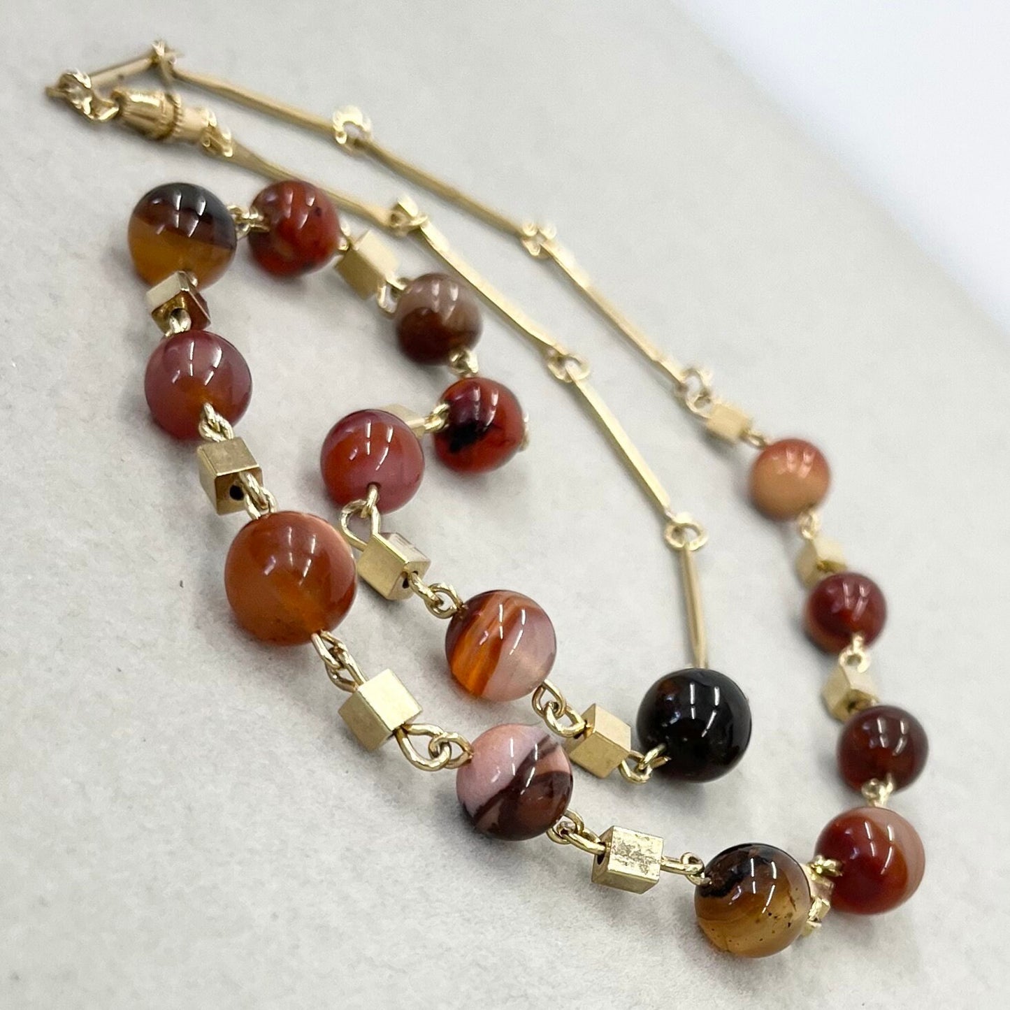 Vintage Long Orange Stripe Agate Necklace with Cube Beads Vintage Jewellery 24” Long TheGreenGlassGemShop