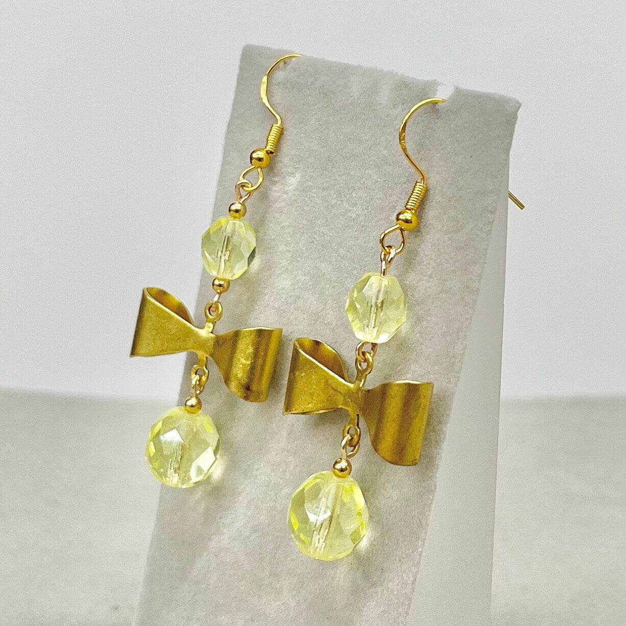 Vintage Gold Tone Yellow Uranium Glass Bead Bow Drop Earrings UV Reactive Glow with Czech Firepolished Crystal Beads TheGreenGlassGemShop