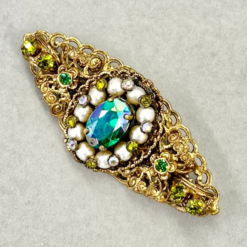 Antique Green Crystal Brooch in a Brass Stamping Filigree Setting Beautifully Made Vintage Brooch TheGreenGlassGemShop