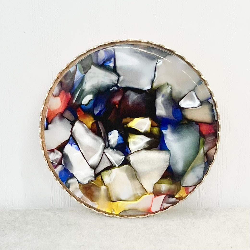 Vintage Multi Coloured Resin Chip Brooch Flat Round in Shape Large Size TheGreenGlassGemShop