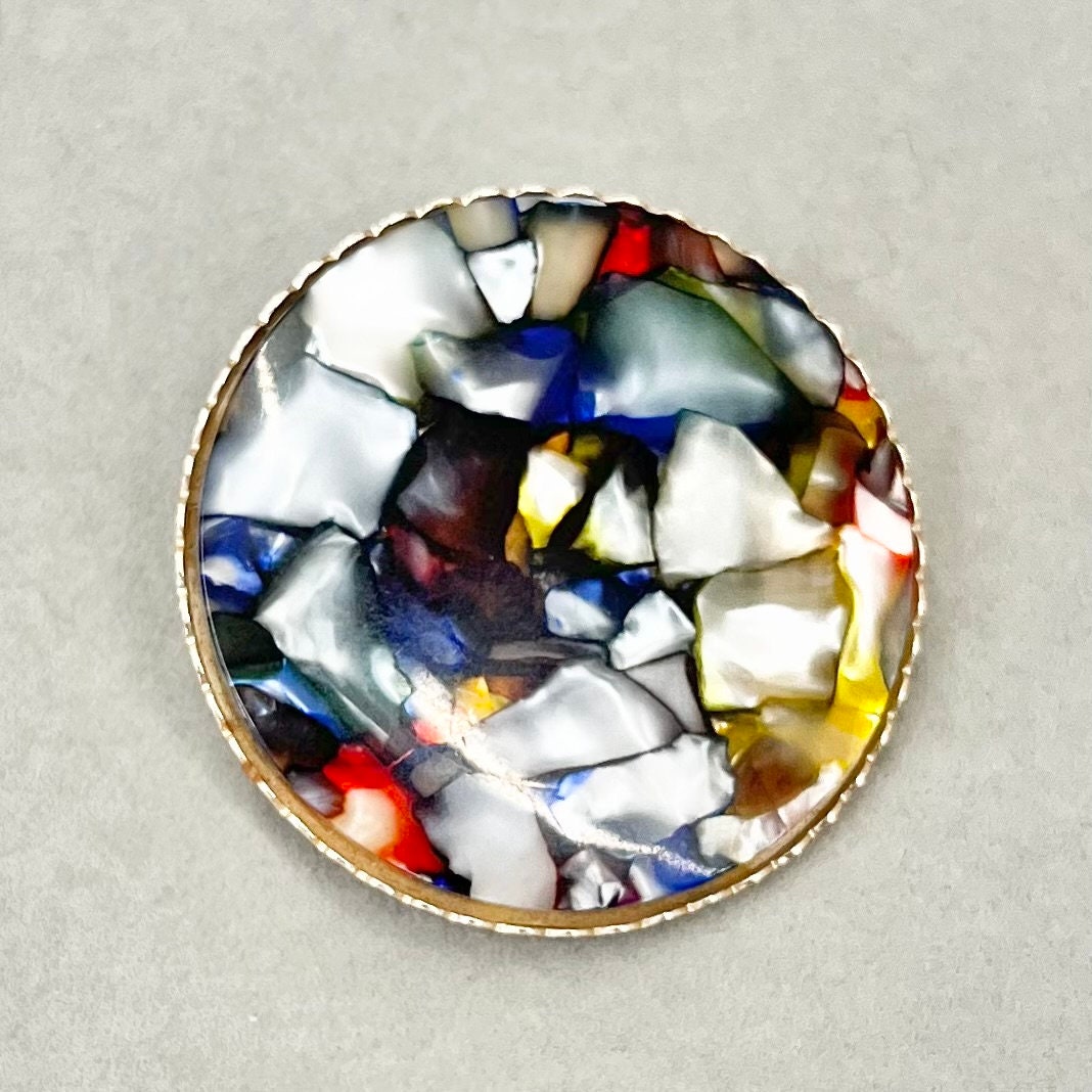 Vintage Multi Coloured Resin Chip Brooch Flat Round in Shape Large Size TheGreenGlassGemShop