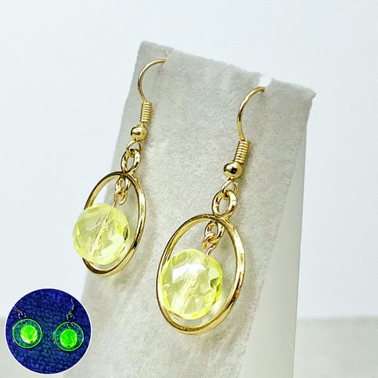 Vintage Yellow Uranium Crystal Ring Drop Earrings Gold Plate with UV Reactive Glow TheGreenGlassGemShop