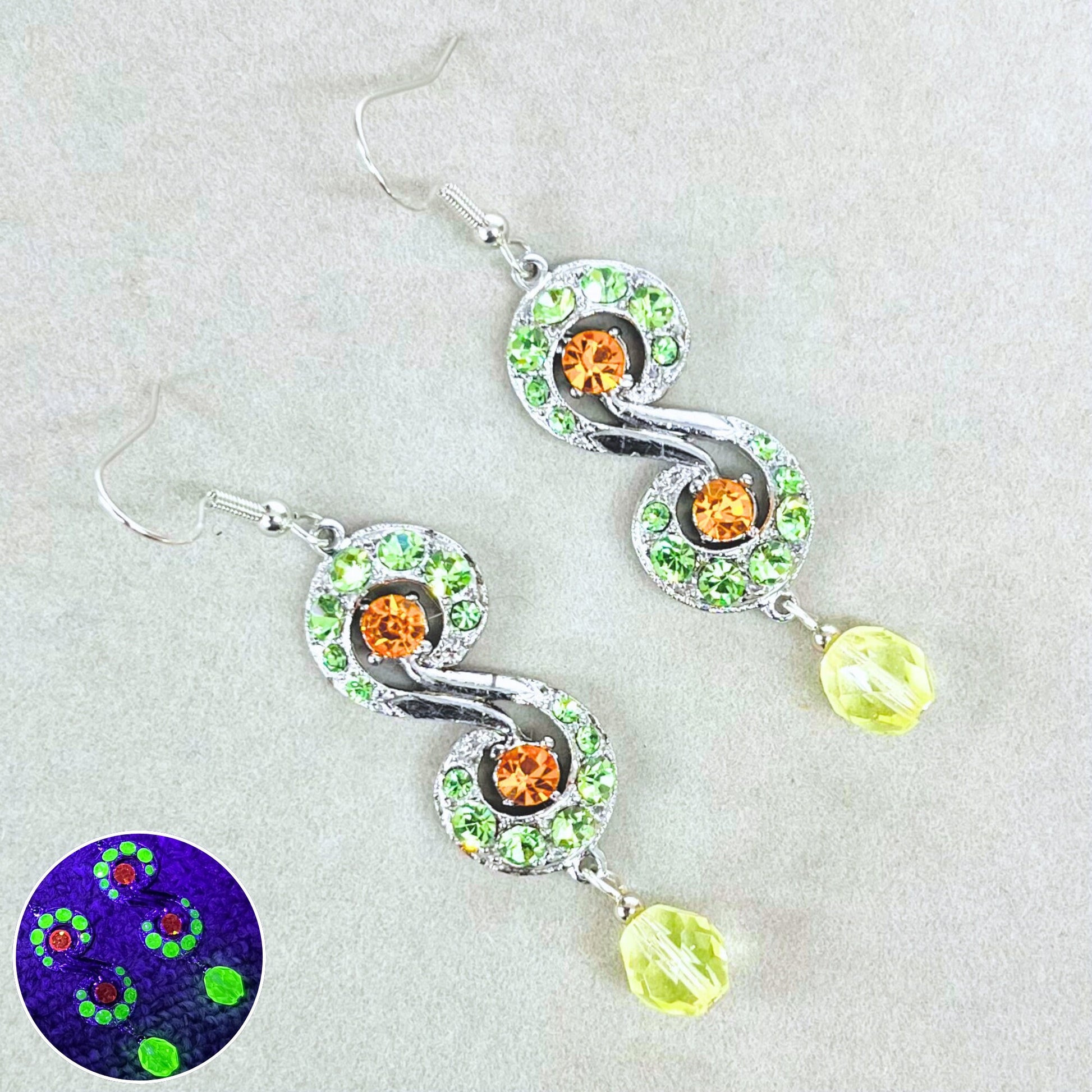 Unusual Uranium Green & Cadmium Orange Crystal ‘S’ Drop Earrings UV Reactive Glow with Vintage Swarovski Crystal Elements TheGreenGlassGemShop