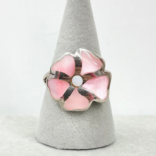 Vintage Mother of Pearl Ring Sterling Silver Pink Flower Design Size UK S / US 9 1/4 TheGreenGlassGemShop