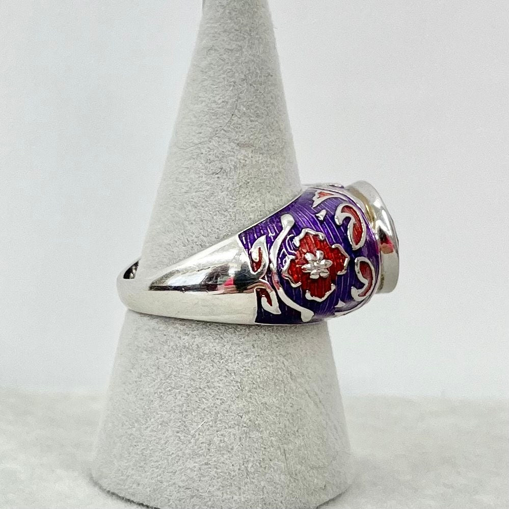 Vintage Enamelled Ethnic Style Ring Sterling Silver in Red & Purple Tones Size UK R 1/2 / US 9 TheGreenGlassGemShop