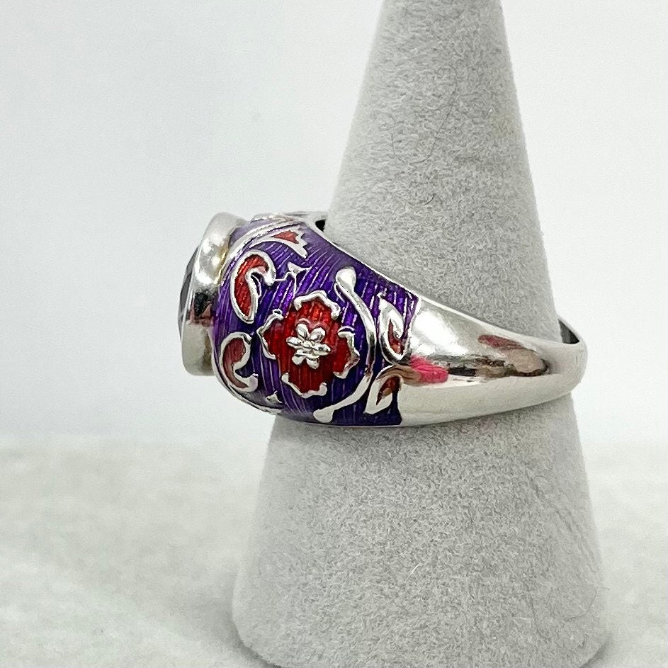 Vintage Enamelled Ethnic Style Ring Sterling Silver in Red & Purple Tones Size UK R 1/2 / US 9 TheGreenGlassGemShop