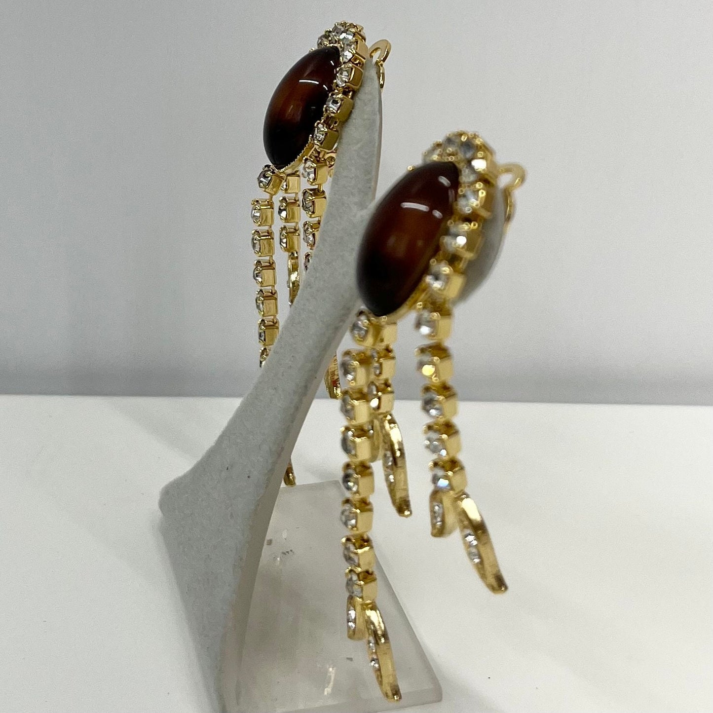 Vintage Gold Tone Faux Tigers Eye Brown Clip On Drop Earrings with Crystal Drops 1970’s - 1980’s Brand New Vintage Dead Stock TheGreenGlassGemShop