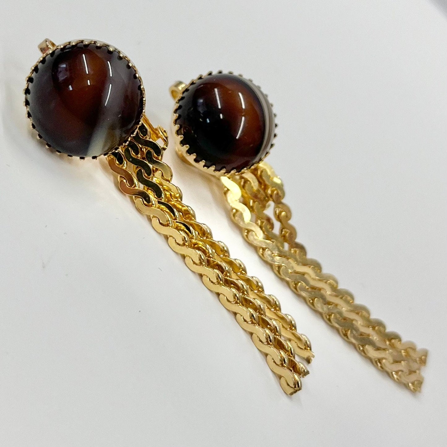 Vintage Gold Tone Faux Brown Agate Clip On Tassle Drop Earrings with Crystal Drops 1970’s - 1980’s Brand New Vintage Dead Stock TheGreenGlassGemShop